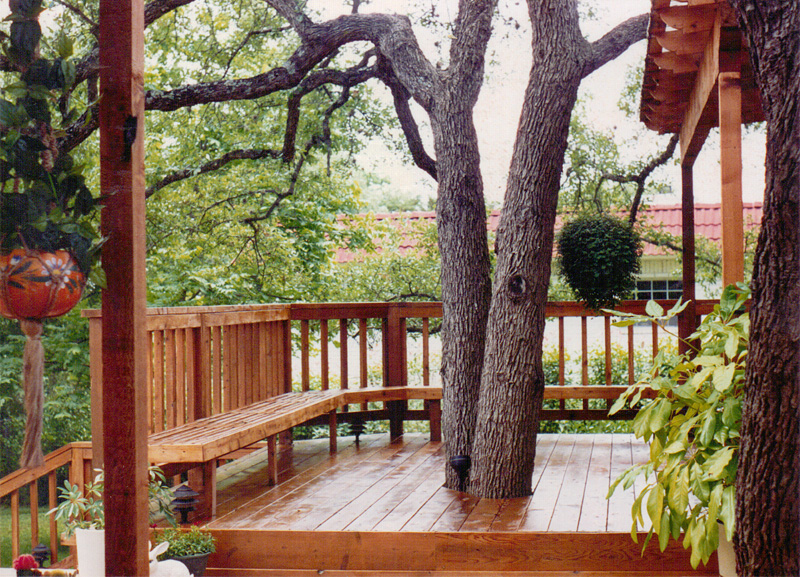 deck, bench and railings